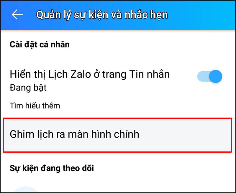 Ghim lịch ra m&agrave;n h&igrave;nh ch&iacute;nh